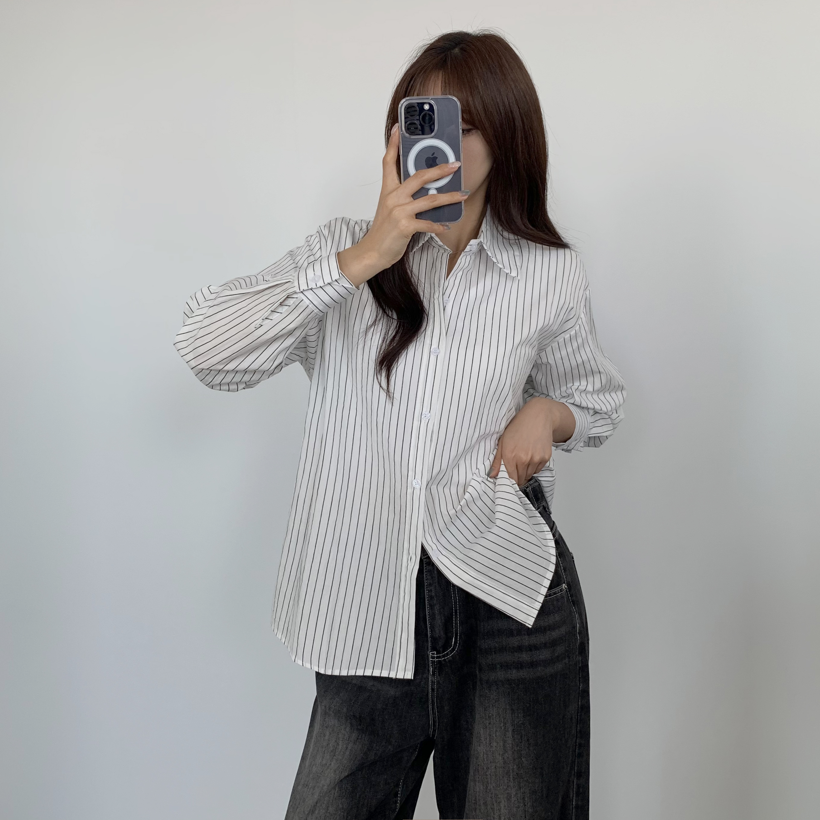 여성 가을 스트라이프 셔츠 루즈핏 오버핏 시스루 셔츠 체크남방 - 상세 이미지 2