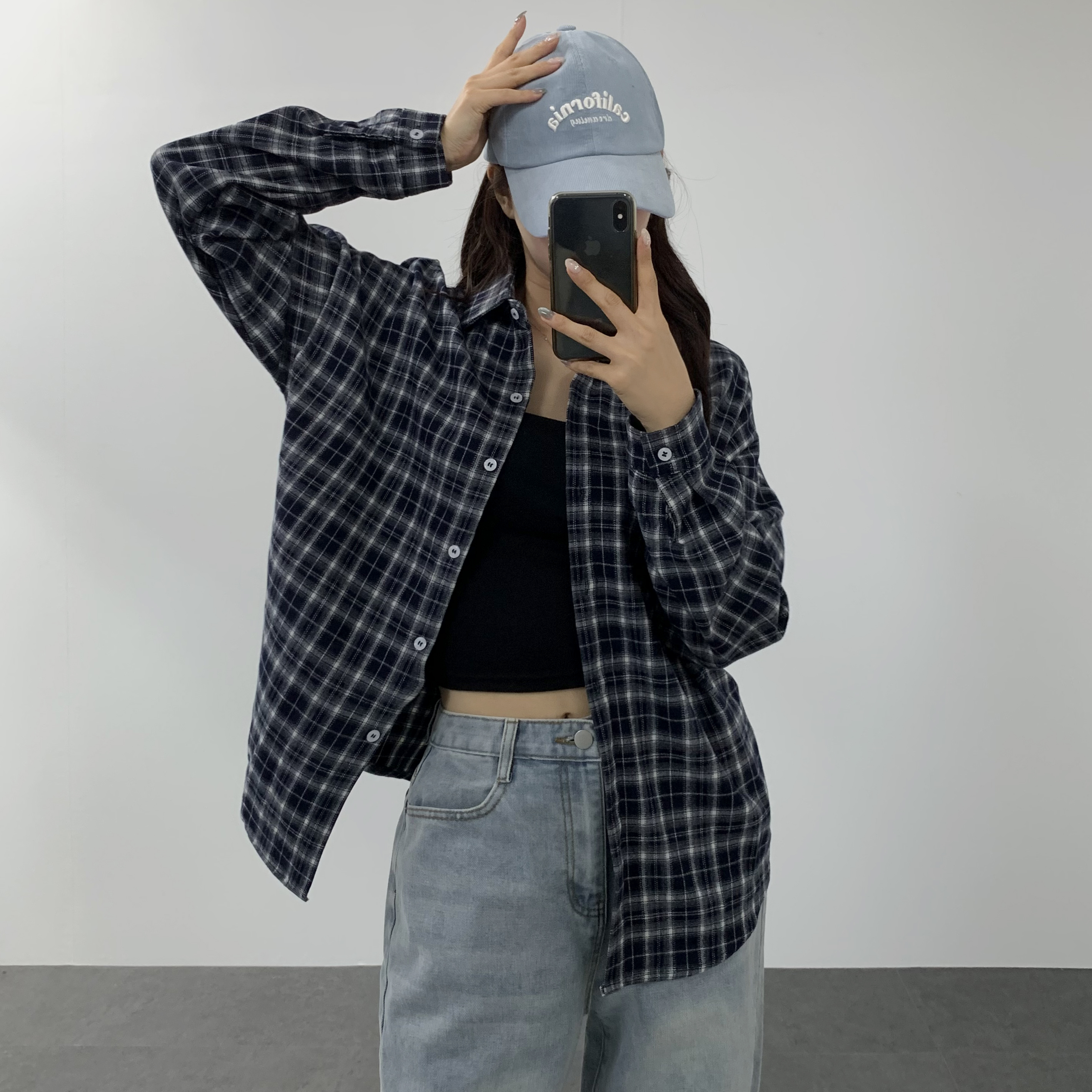 체크남방 여성 가을 잔체크 루즈핏 타탄 셔츠 - 상세 이미지 3