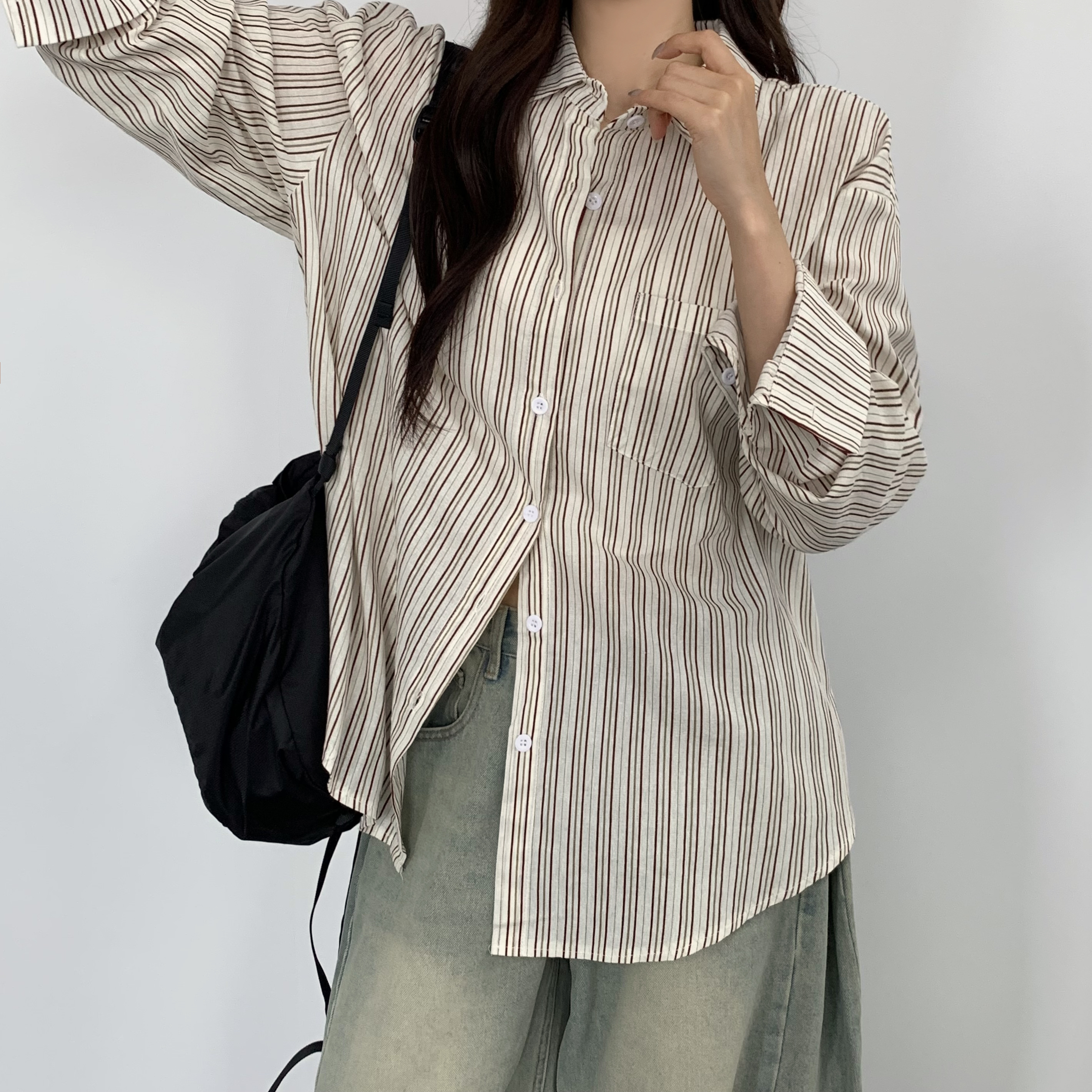 여성 가을 스트라이프 셔츠 블라우스 흰색 베이지 셔츠 오버핏 롱 남방 - 상세 이미지 2