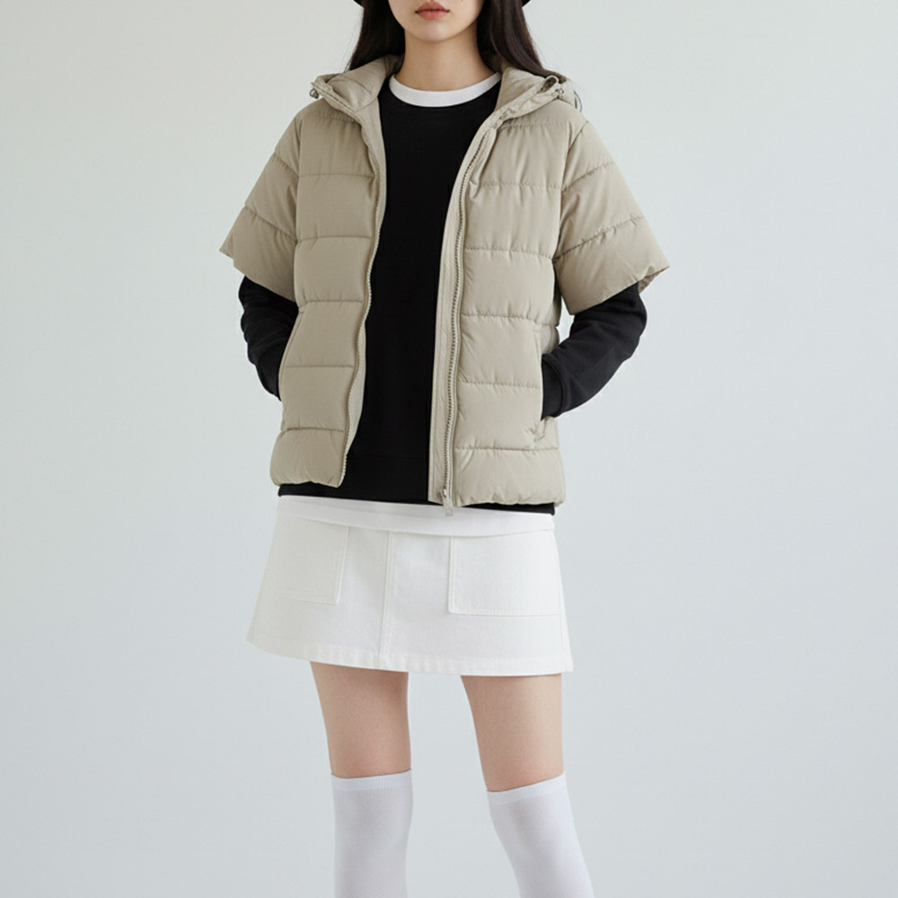 여성 경량패딩 퀄팅 누빔 가벼운 웰론 반팔패딩 후드점퍼 이미지 6
