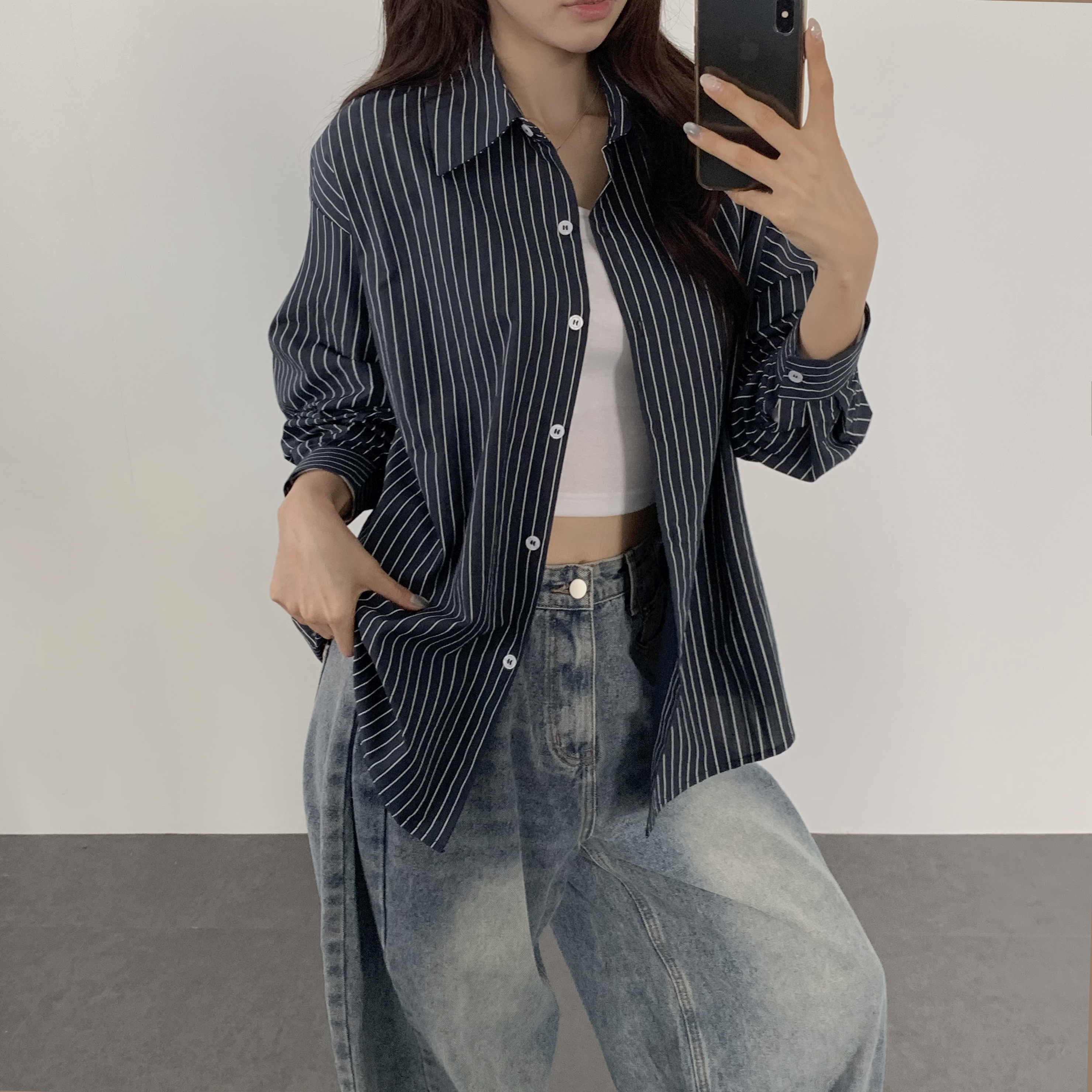 여성 가을 스트라이프 셔츠 루즈핏 오버핏 시스루 셔츠 체크남방 이미지 7