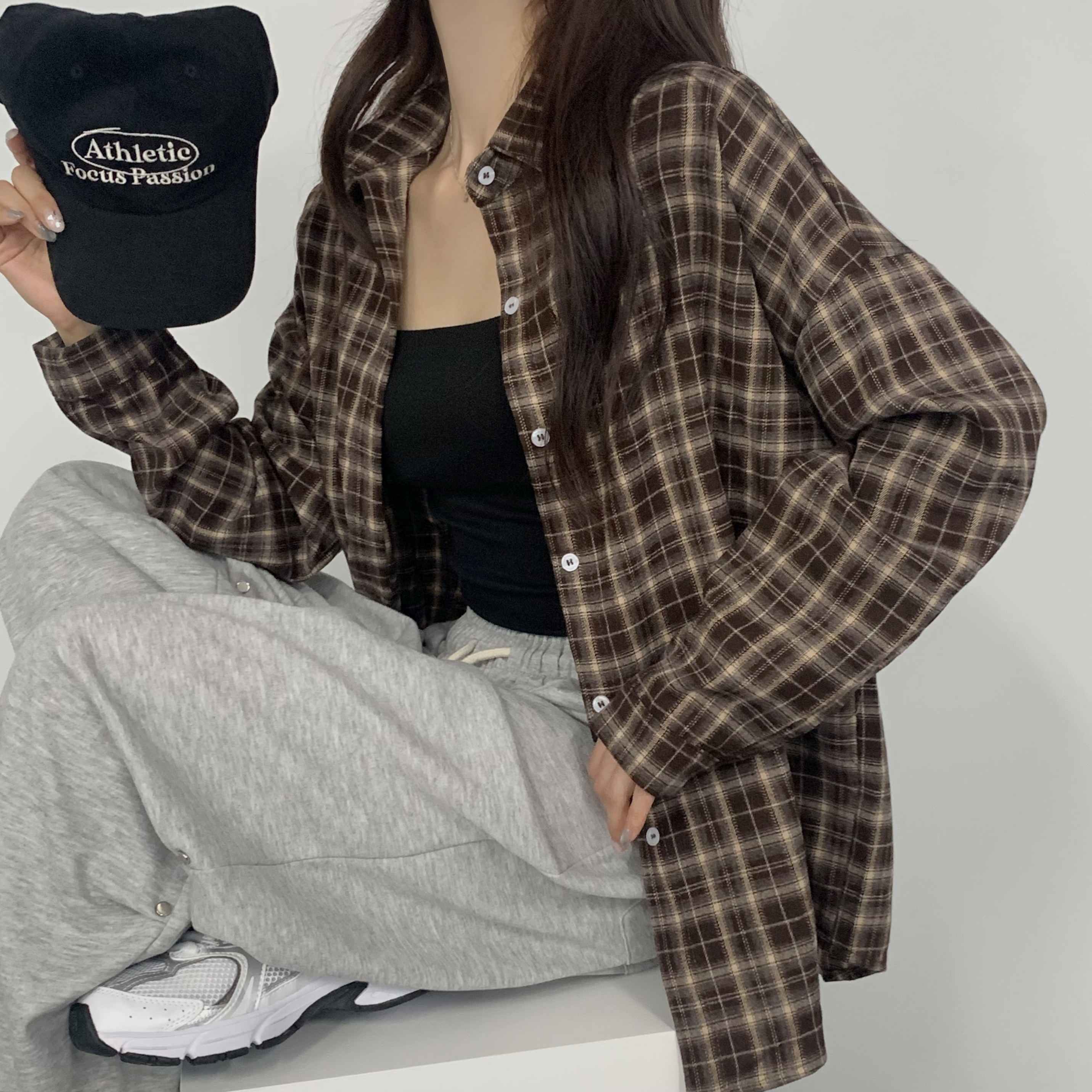 체크남방 여성 가을 잔체크 루즈핏 타탄 셔츠 - 상세 이미지 5