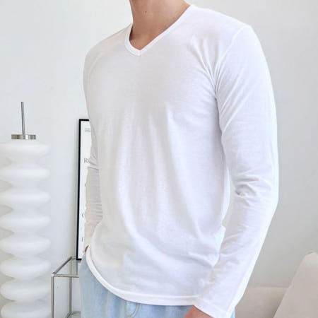 남자 브이넥 얇은 긴팔티 정장 셔츠 이너 운동