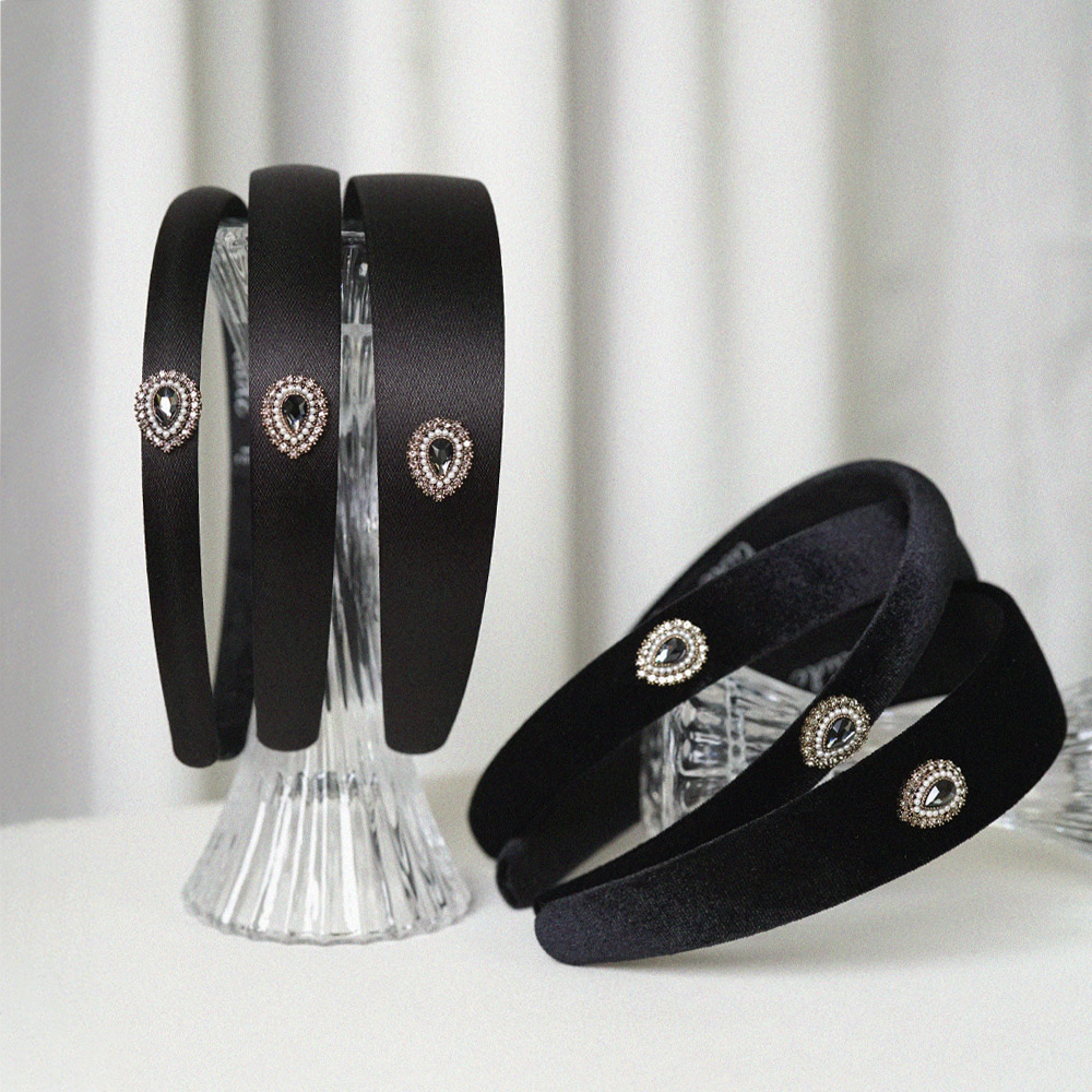 루드 빈티지 크리스탈 새틴 벨벳 헤어밴드 와이드 넓은 얇은 머리띠 L25FWAC46