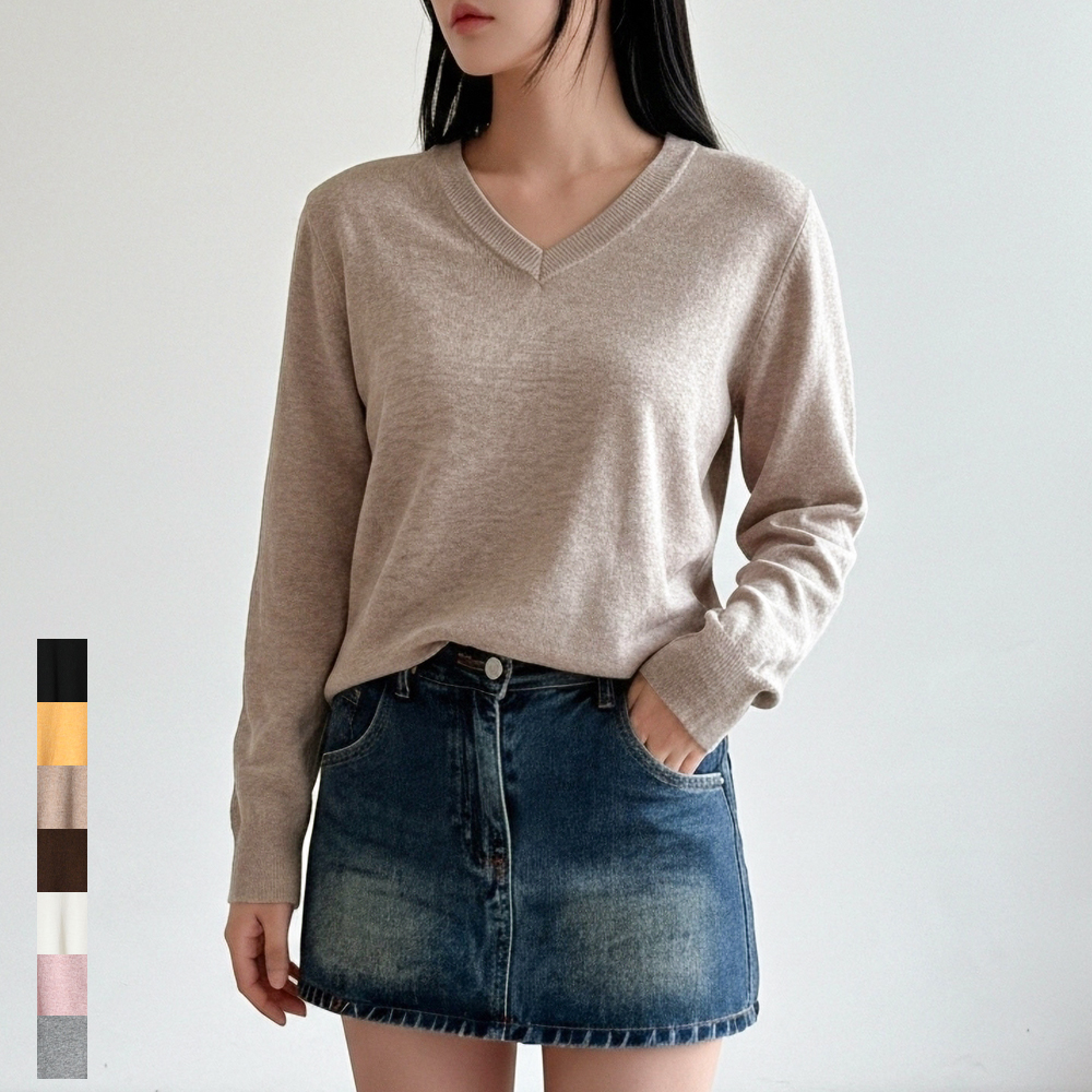 여성 루즈핏 캐시미어 브이넥니트 울 국내생산 가을 겨울 블랙 그레이 브라운 핑크 스웨터 - 메인 이미지