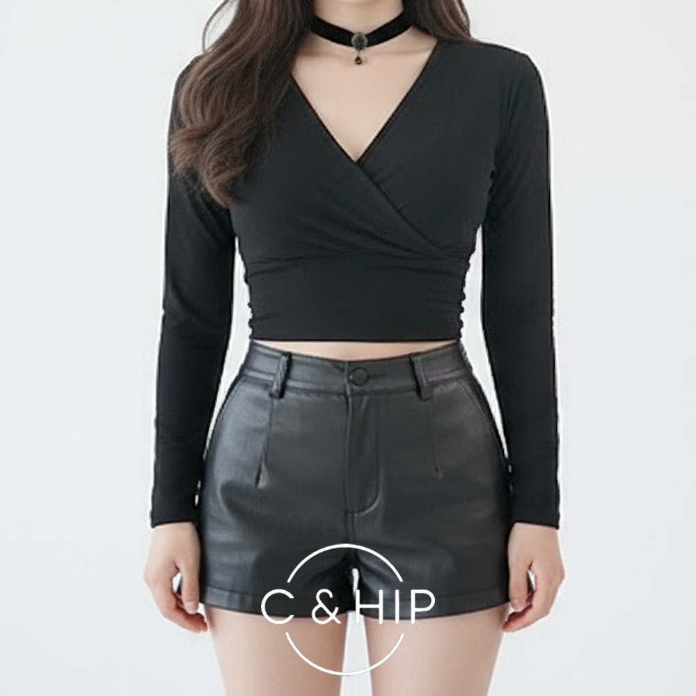 [색상추가] 쫀쫀 스판 랩 셔링 브이넥 섹시 크롭티셔츠 4color0 - 상품 이미지