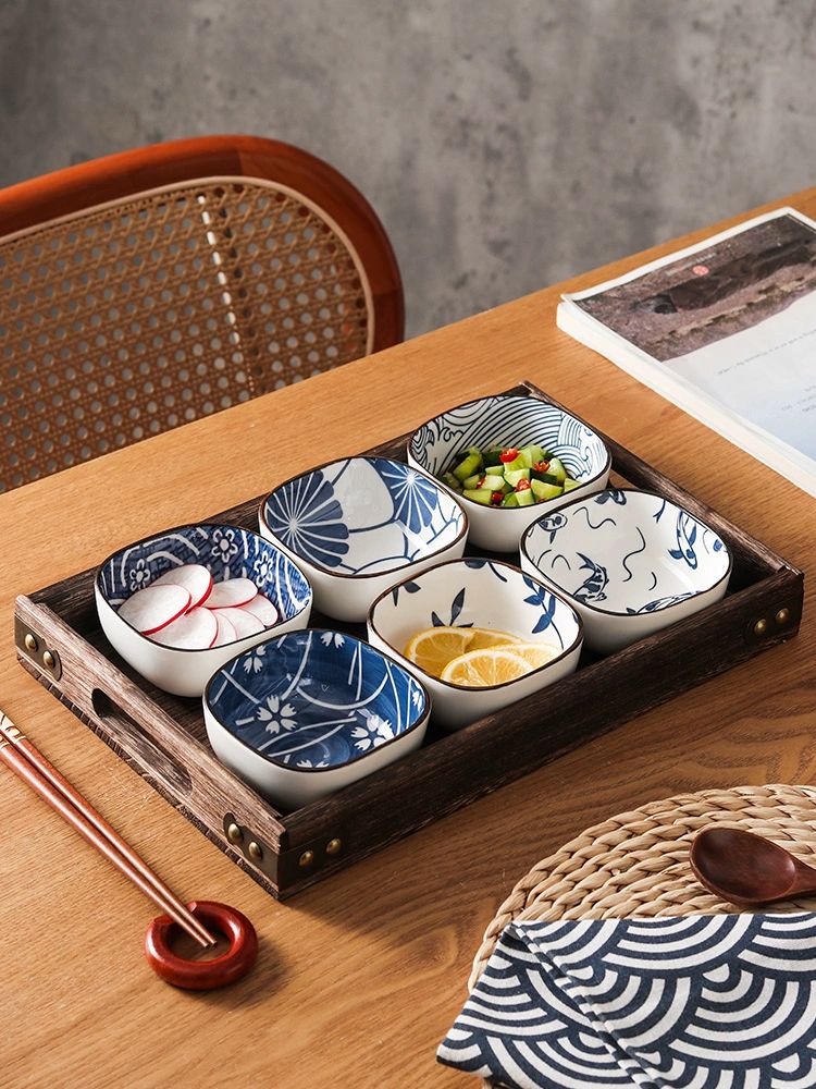 반찬접시 그릇 쟁반 구절판 다용도 그릇 접시 업소용 오마카세 용기 앞접시 대나무 원목 3칸+사각 3개 - 상품 이미지