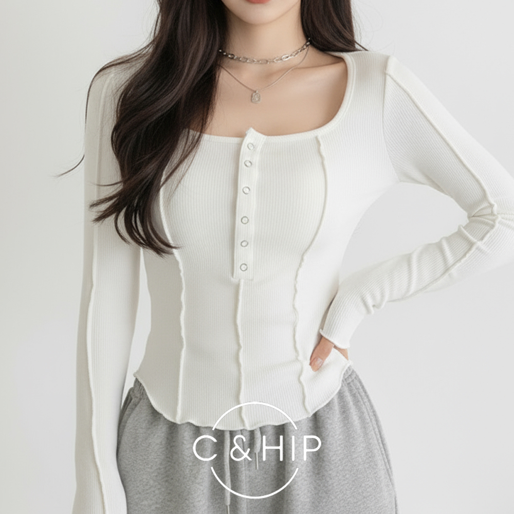 시스 기본 절개 스냅 굴림 골지 슬림핏 티셔츠 (화이트/블랙) - 상품 이미지