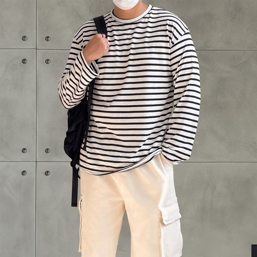 1+1 남자 단가라 스트라이프 쭉티 오버핏 긴팔티 - 상세 이미지 2