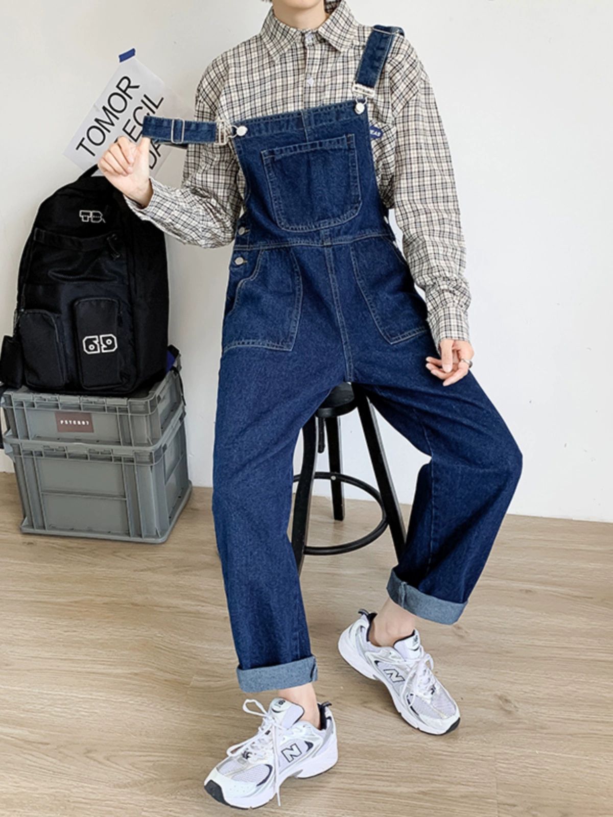 일체형옷 남자멜빵청바지 오버롤 점프슈트 롤업 정비복 일체형 스트레이트 다크블루 오버올 다크블루 S - 상세 이미지 2