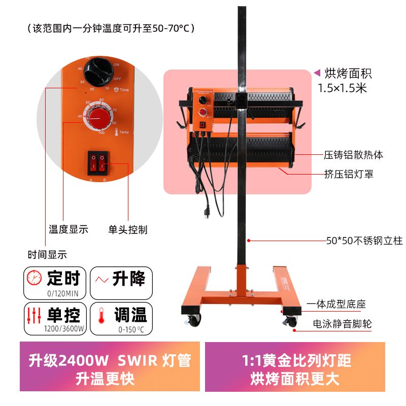 적외선 건조기 히터 자동차 차량 램프 2600W 스탠드 열처리 도장 F2D 2600W 타이머/온도조절 이미지 6