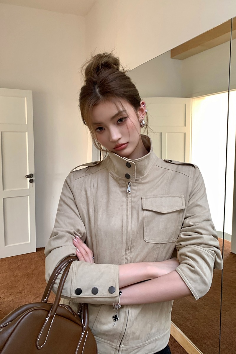 가을 여성 스웨이드 하이넥 세미라이더 숏자켓 - 상세 이미지 5