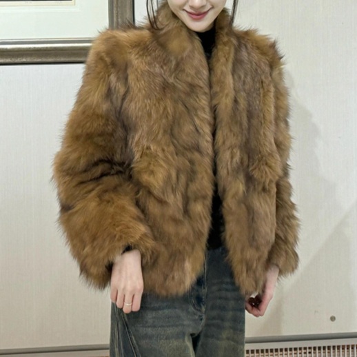 모조여우털 루즈핏 짧은퍼자켓 브이넥 두꺼운 따뜻 빈티지 레트로 클래식 겨울 브라운 - 상품 이미지