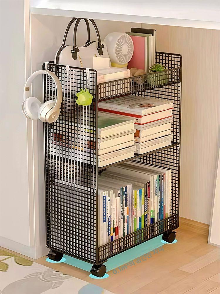 이동형책장 2단 철제책장 수납 조립식 서재 정리 바퀴 이동형 책장 수납함 진열장 수납장 블랙 3단 바퀴형 - 상세 이미지 3