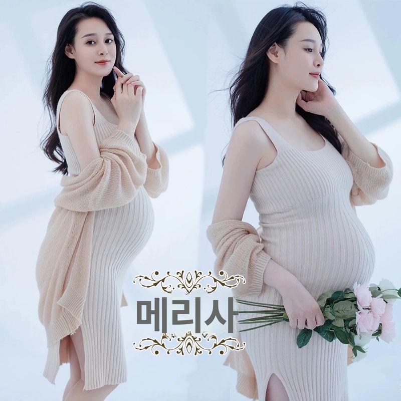 셀프 가디건세트 만삭사진옷 의상 프리사이즈 만삭사진 화보 출산 만삭 임산부 촬영용 의류 니트 삼각 캐미솔+커버업 살구색 프리사이즈 - 상세 이미지 5