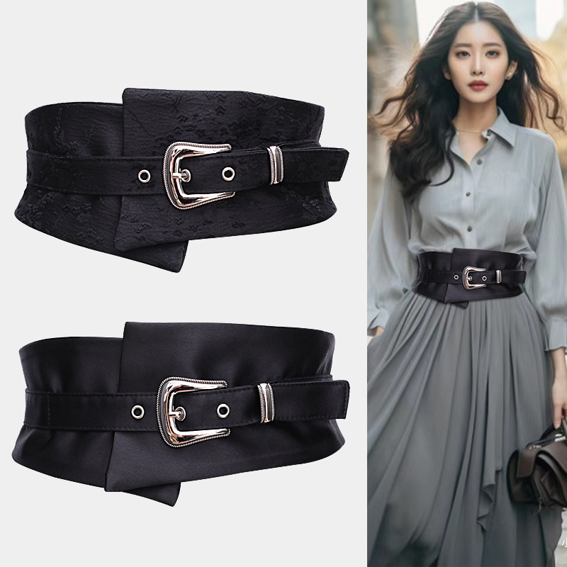 벨트 코르셋 와이드 셔츠 블라우스 린넨 실키 풀오버 플라워 슬림핏 청바지 빅사이즈 루즈핏 블랙 글로시 - 상세 이미지 4