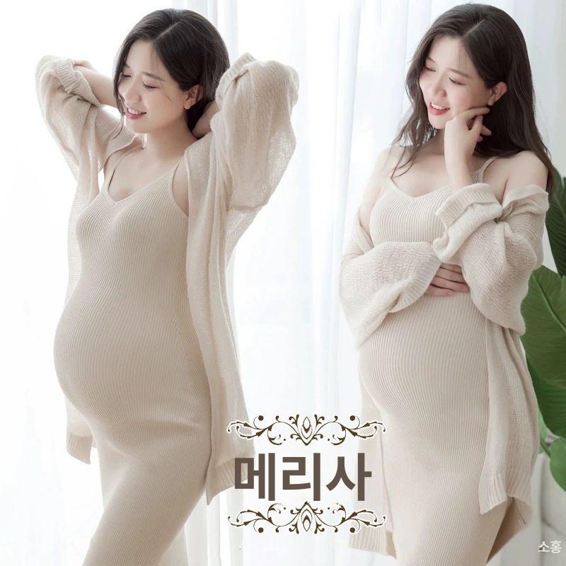 셀프 가디건세트 만삭사진옷 의상 프리사이즈 만삭사진 화보 출산 만삭 임산부 촬영용 의류 니트 삼각 캐미솔+커버업 살구색 프리사이즈 - 상세 이미지 3