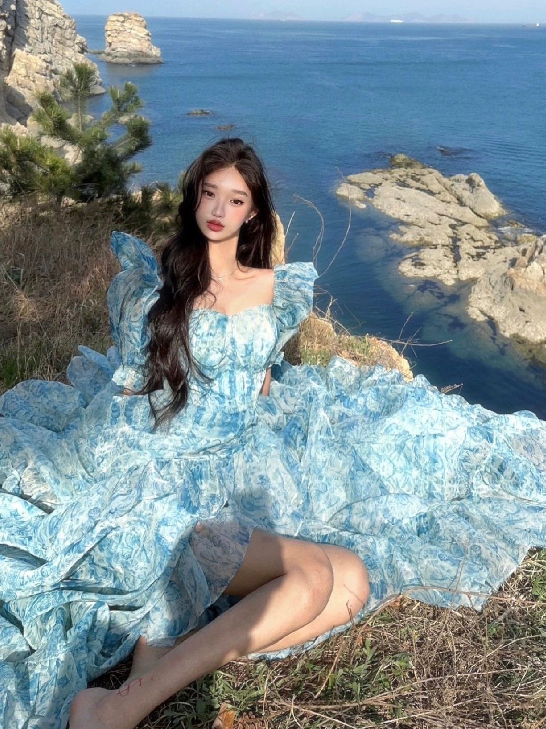원피스 쉬폰 프릴 셔링 바캉스 반팔 뷔스티에 여성 스몰웨딩 사진 촬영 의상 사진 색상 S - 상세 이미지 2