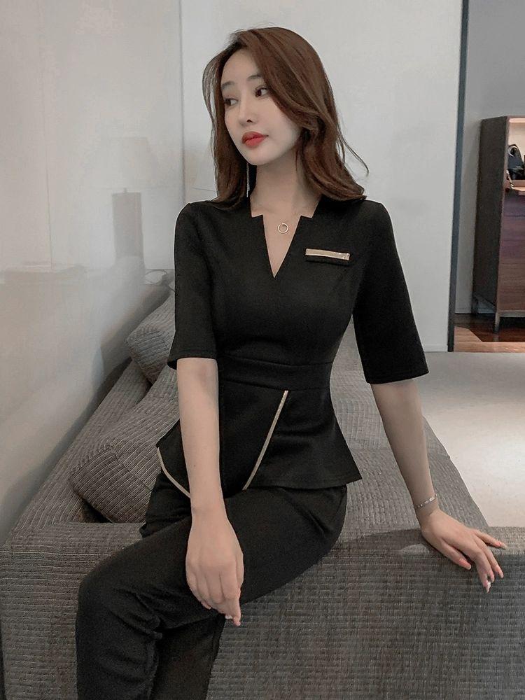 피부샵 유니폼 에스테틱 단체복 관리사 근무복 미용 마사지 마사지샵 네일샵 승무원 실장 반팔 네이비블루 스커트 S - 상세 이미지 5
