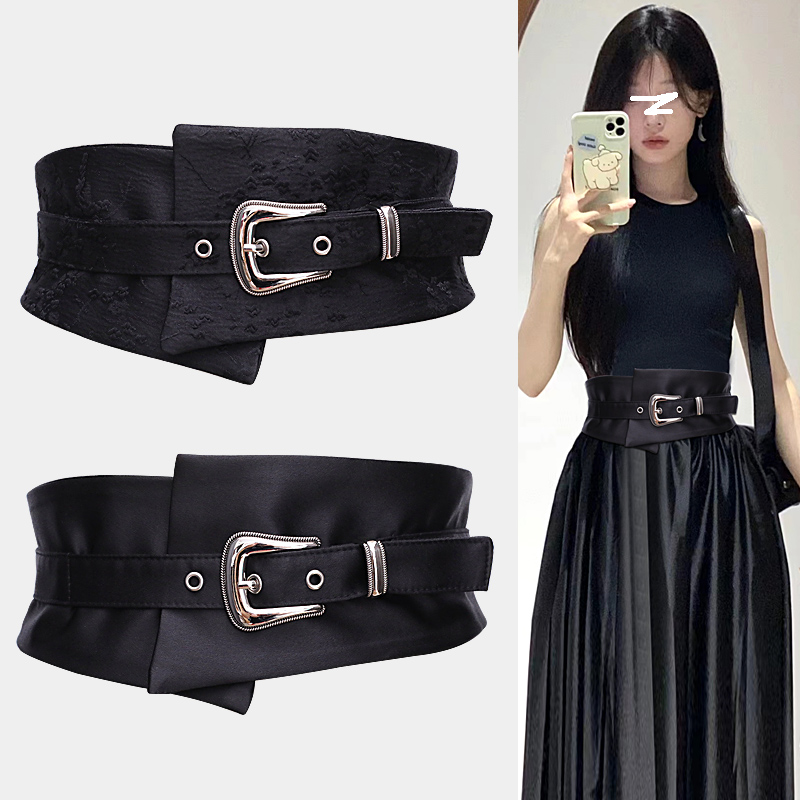 벨트 코르셋 와이드 셔츠 블라우스 린넨 실키 풀오버 플라워 슬림핏 청바지 빅사이즈 루즈핏 블랙 글로시 - 상세 이미지 3