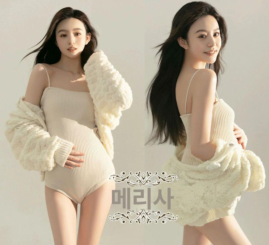 셀프 가디건세트 만삭사진옷 의상 프리사이즈 만삭사진 화보 출산 만삭 임산부 촬영용 의류 니트 삼각 캐미솔+커버업 살구색 프리사이즈 - 상세 이미지 4