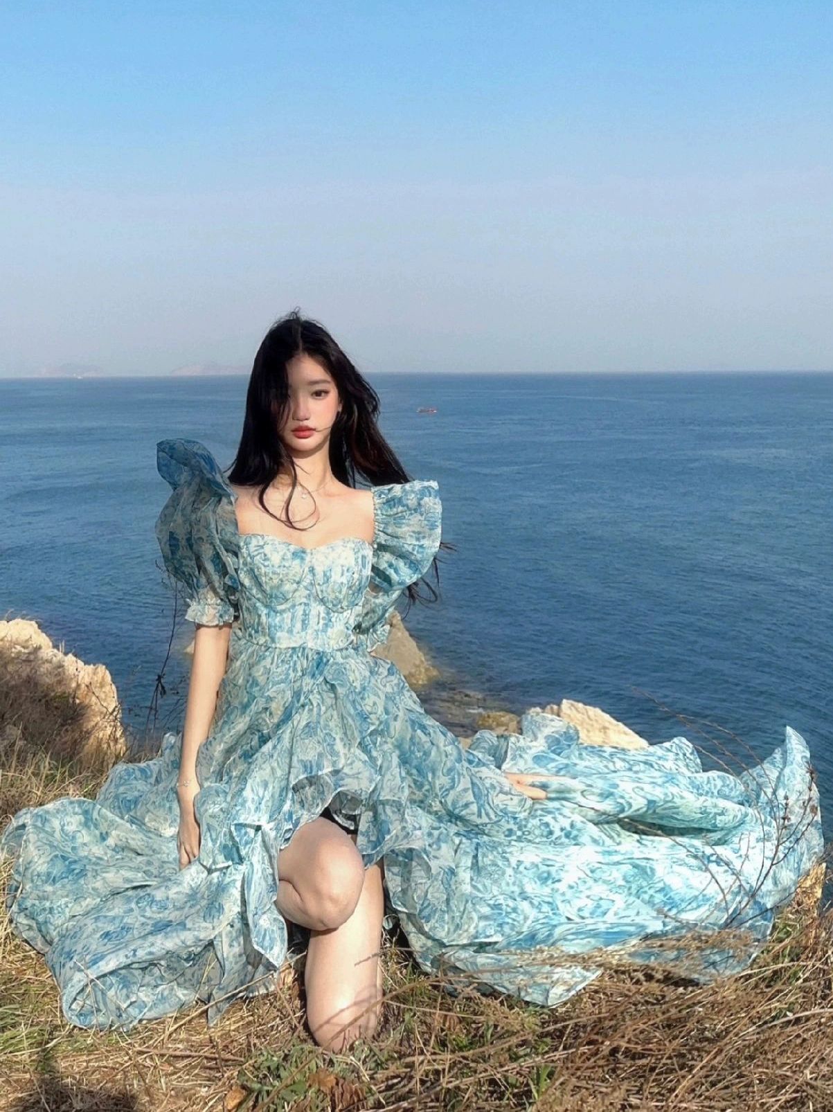 원피스 쉬폰 프릴 셔링 바캉스 반팔 뷔스티에 여성 스몰웨딩 사진 촬영 의상 사진 색상 S - 상세 이미지 4
