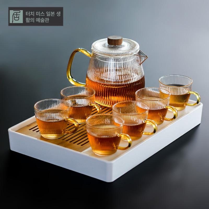 내열유리 티포트 스트라이프 투명케이스 주전자 무궁화 티팟 티팟세트 투명 티세트 520ml+ 컵 6개 - 상세 이미지 4