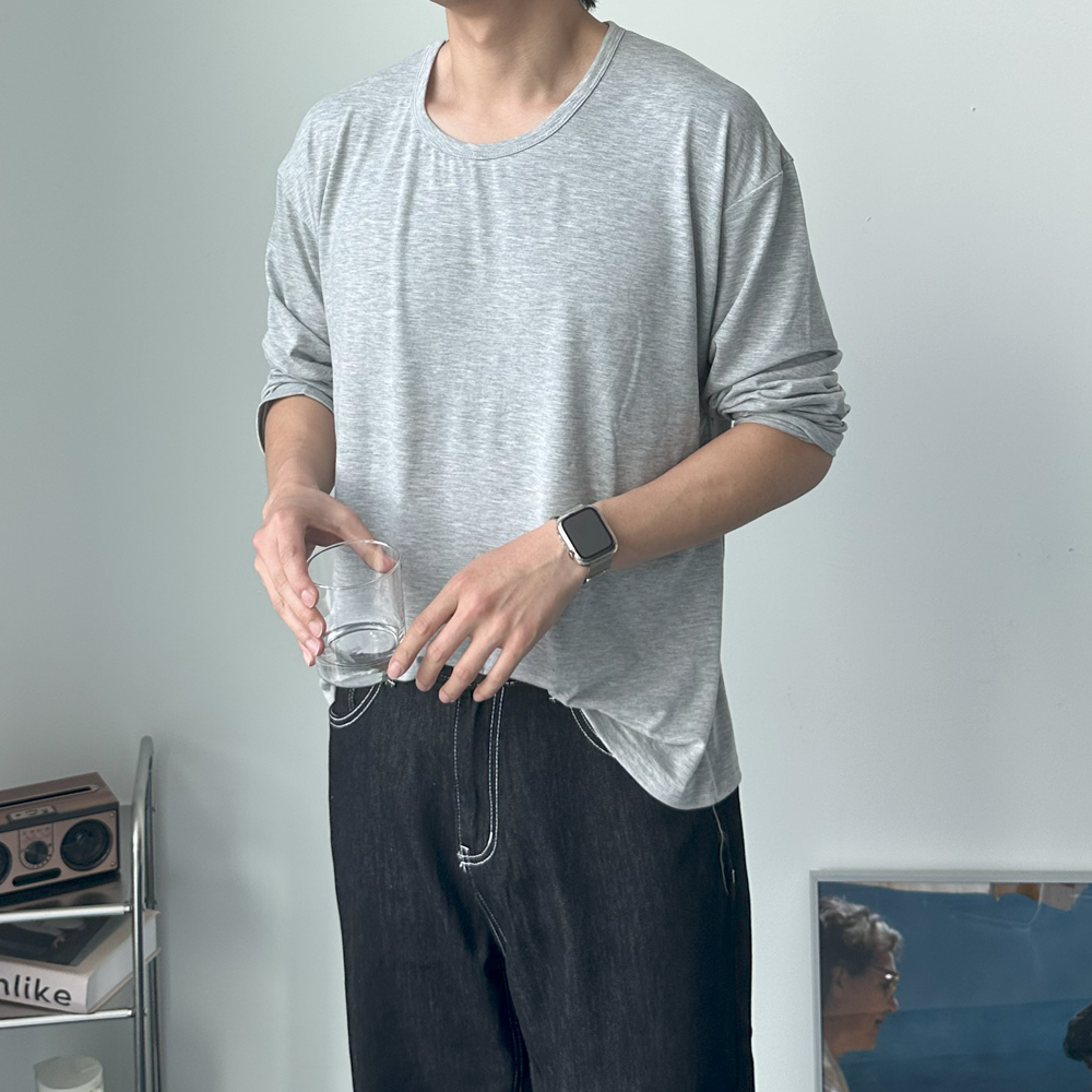 남자 긴팔티 실켓 오버핏 유넥 U넥 레이어드 이너 티셔츠 - 상세 이미지 3