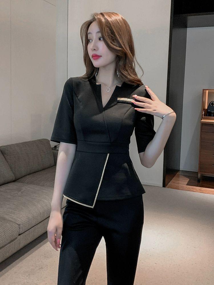 피부샵 유니폼 에스테틱 단체복 관리사 근무복 미용 마사지 마사지샵 네일샵 승무원 실장 반팔 네이비블루 스커트 S - 상세 이미지 4