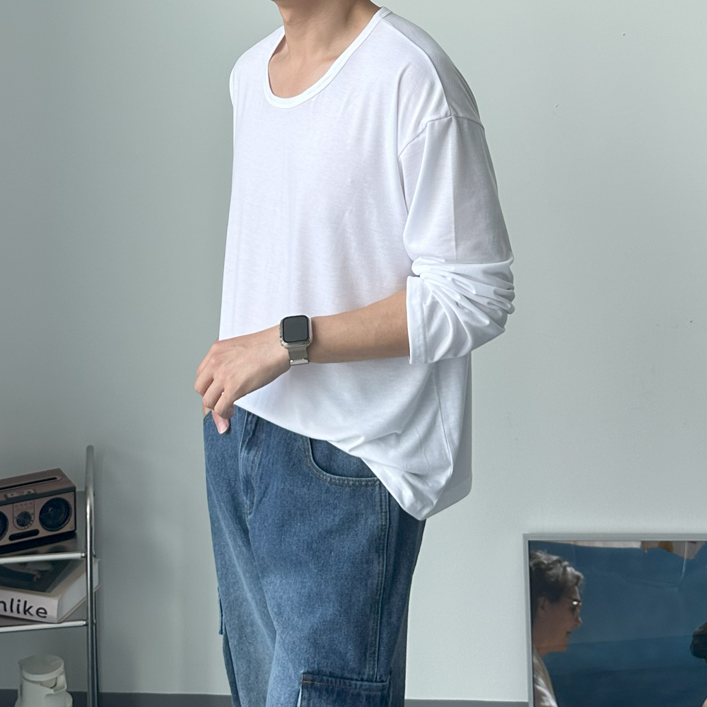 남자 긴팔티 실켓 오버핏 유넥 U넥 레이어드 이너 티셔츠 - 상품 이미지