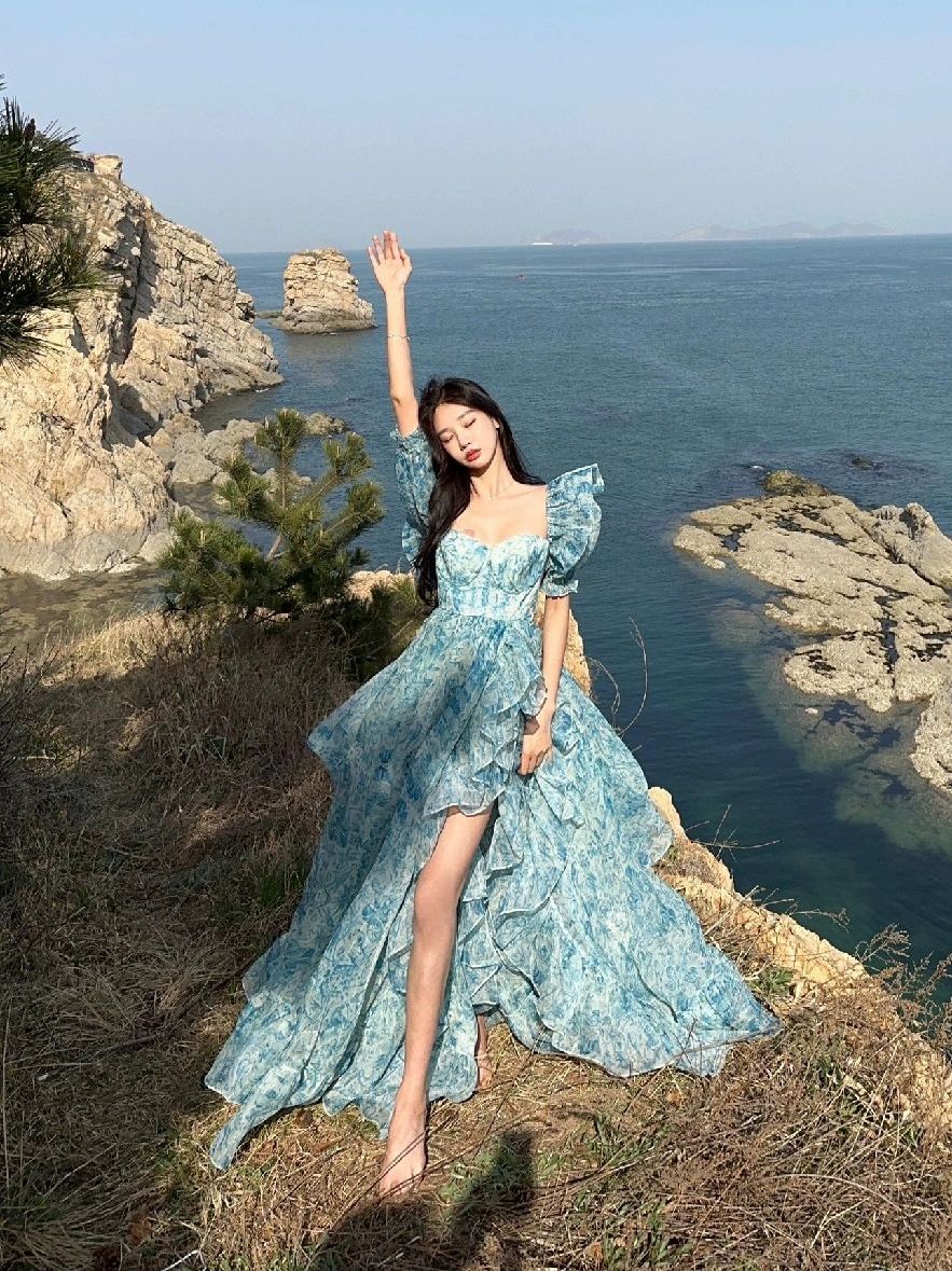 원피스 쉬폰 프릴 셔링 바캉스 반팔 뷔스티에 여성 스몰웨딩 사진 촬영 의상 사진 색상 S - 상품 이미지