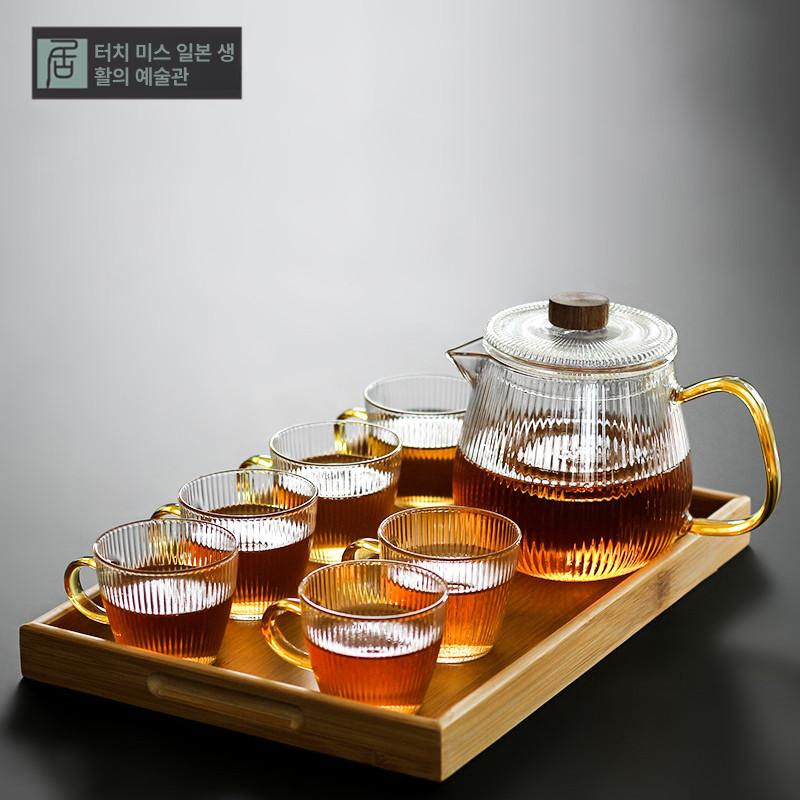 내열유리 티포트 스트라이프 투명케이스 주전자 무궁화 티팟 티팟세트 투명 티세트 520ml+ 컵 6개 - 상세 이미지 5