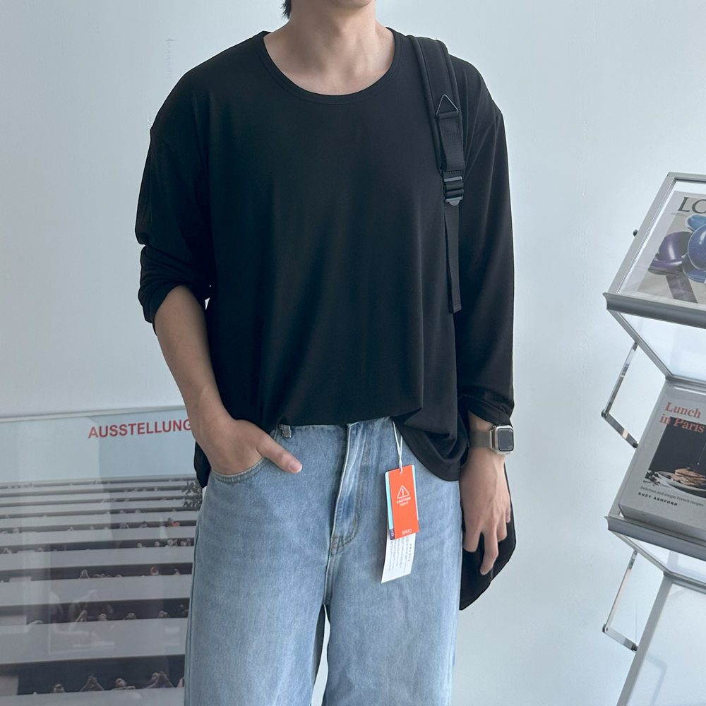 남자 긴팔티 실켓 오버핏 유넥 U넥 레이어드 이너 티셔츠 - 상세 이미지 2