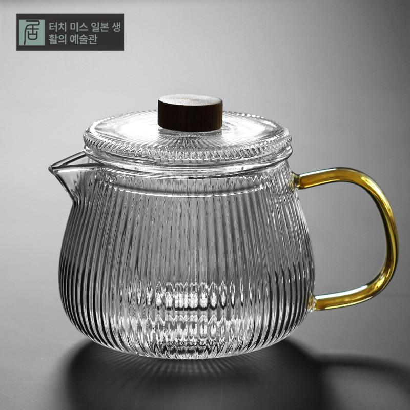 내열유리 티포트 스트라이프 투명케이스 주전자 무궁화 티팟 티팟세트 투명 티세트 520ml+ 컵 6개 - 상세 이미지 3