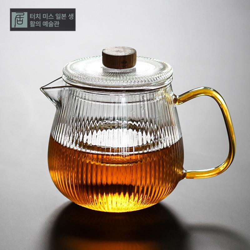내열유리 티포트 스트라이프 투명케이스 주전자 무궁화 티팟 티팟세트 투명 티세트 520ml+ 컵 6개 - 상세 이미지 2