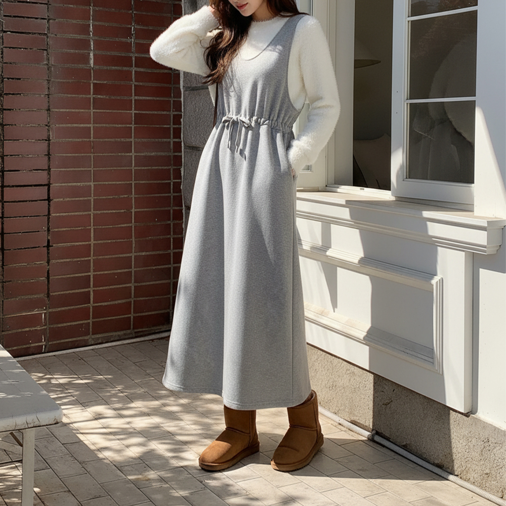 라운드 기모 a라인 스커트 나시 원피스 롱, 그레이, FREE(One size) - 상세 이미지 3