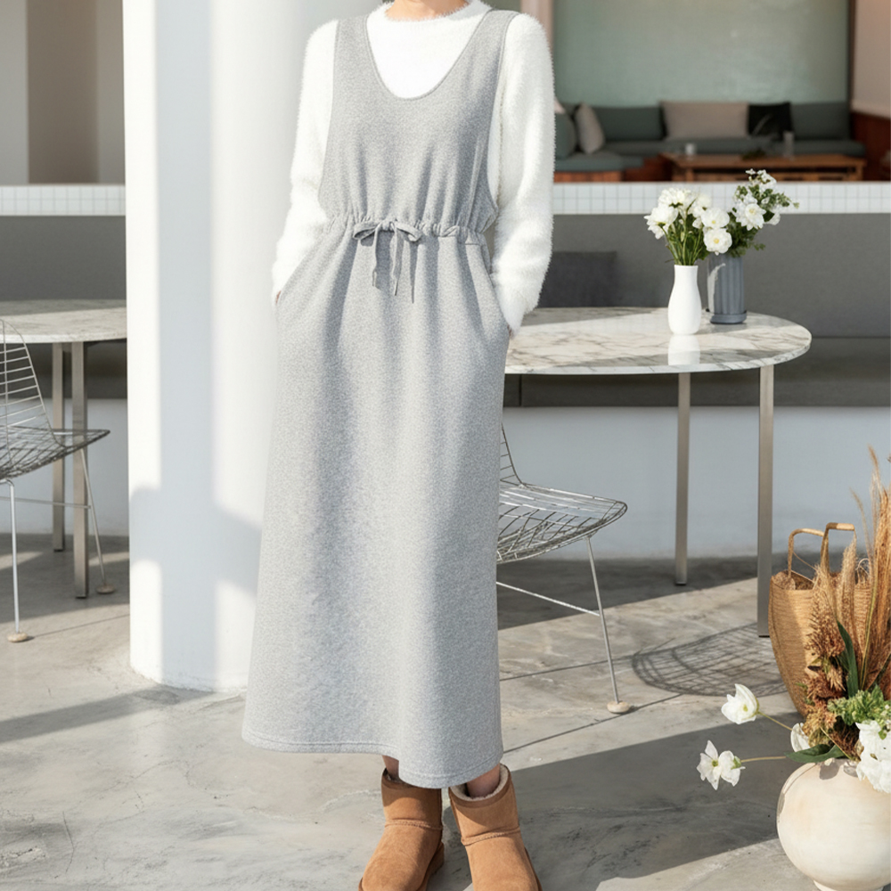 라운드 기모 a라인 스커트 나시 원피스 롱, 그레이, FREE(One size) - 상세 이미지 4