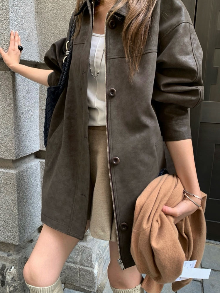 싱글 카라넥 클래식 고급 레더 오버핏 여성 가죽자켓 브라운 하프 가을 여자 자켓 - 상세 이미지 2