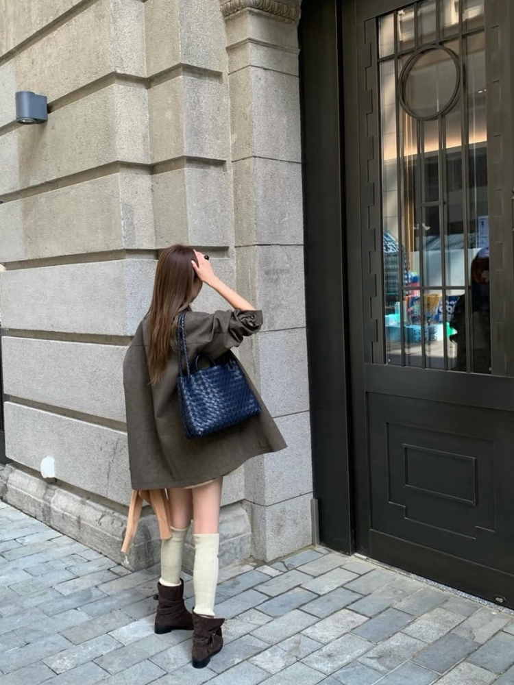 싱글 카라넥 클래식 고급 레더 오버핏 여성 가죽자켓 브라운 하프 가을 여자 자켓 - 상세 이미지 4