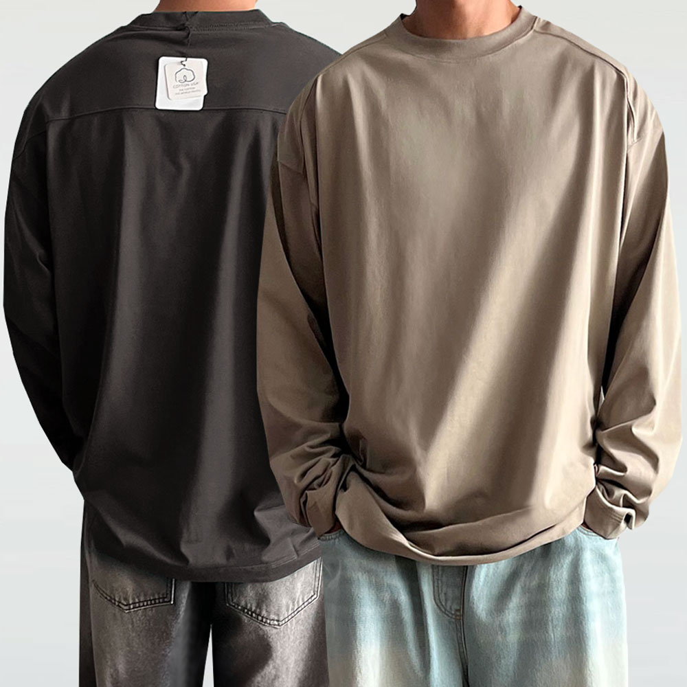 1+1 흰색면티 무지긴팔티 오버핏긴팔 어깨넓어보이는옷 USA코튼 - 상품 이미지