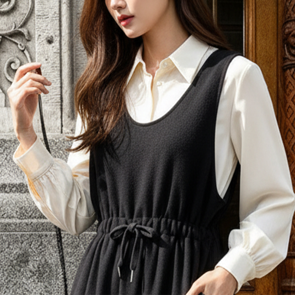 라운드 기모 a라인 스커트 나시 원피스 롱, 블랙, FREE(One size) - 상세 이미지 4