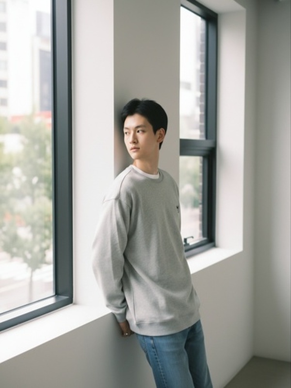버블벳 남자 세미오버핏 레어어드 커플 미니 캐릭터 로고자수 맨투맨티셔츠 멜란그레이 - 상품 이미지