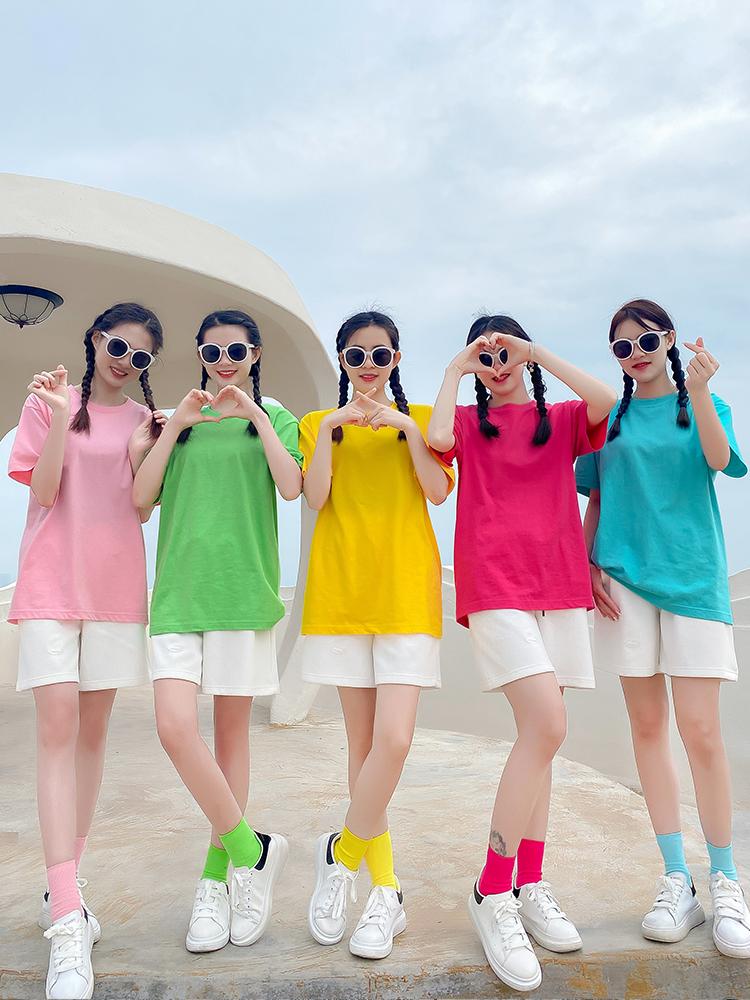단체티 컬러풀 루즈핏 여름티 반팔티 남녀공용 양말 맨투맨 라운드넥 커플티 체리블라썸핑크 XS 바지 S - 상세 이미지 2