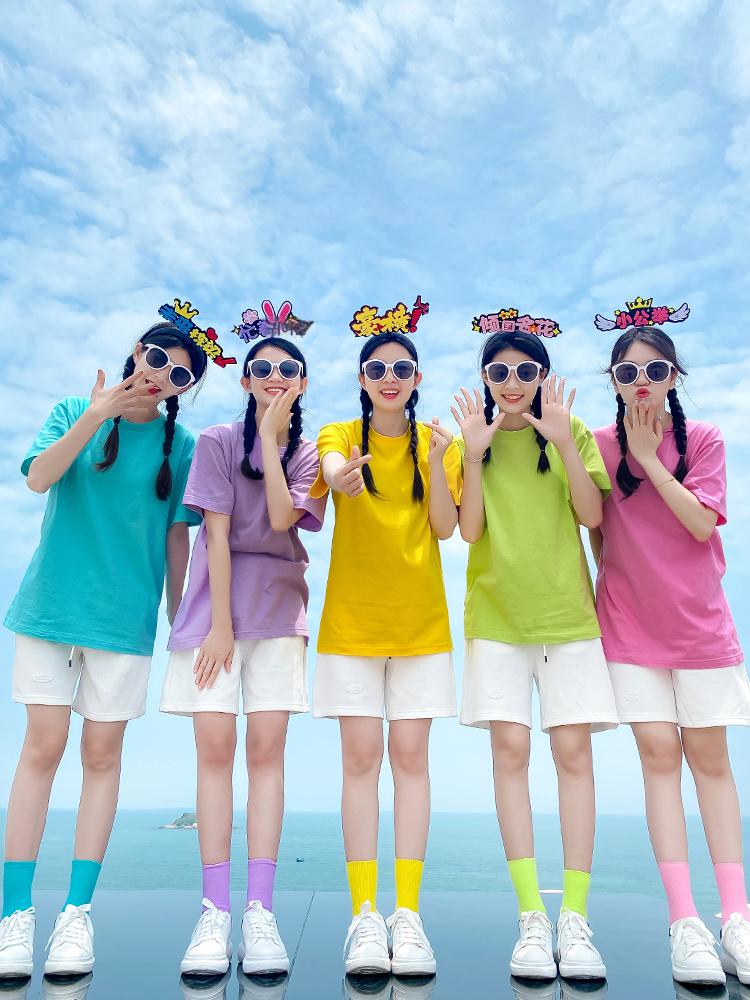단체티 컬러풀 루즈핏 여름티 반팔티 남녀공용 양말 맨투맨 라운드넥 커플티 체리블라썸핑크 XS 바지 S - 상세 이미지 3