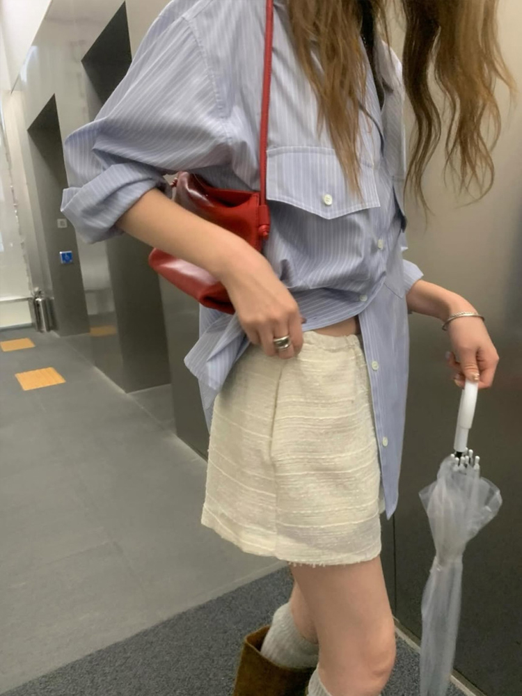 오픈카라 더블 포켓 텐셀 여성 스트라이프 셔츠 남방 가을 여자 셔츠 블루 소라색 하늘색 - 상세 이미지 4