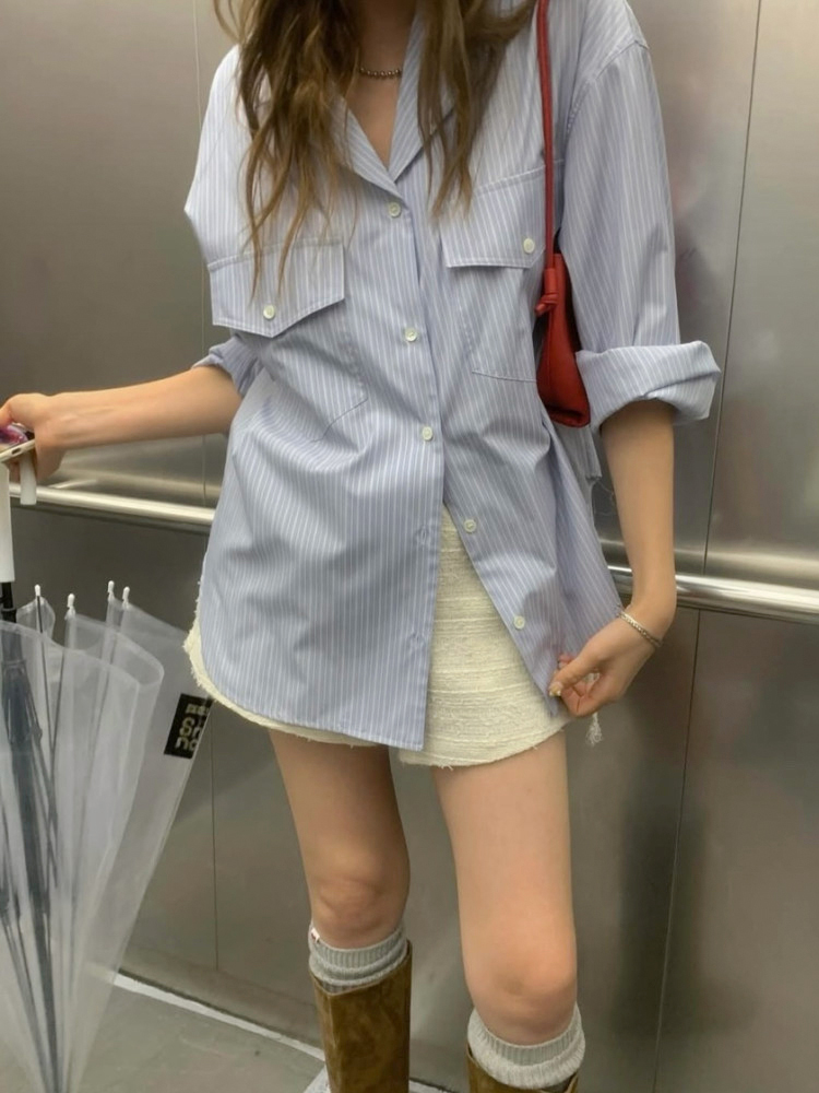 오픈카라 더블 포켓 텐셀 여성 스트라이프 셔츠 남방 가을 여자 셔츠 블루 소라색 하늘색 - 메인 이미지