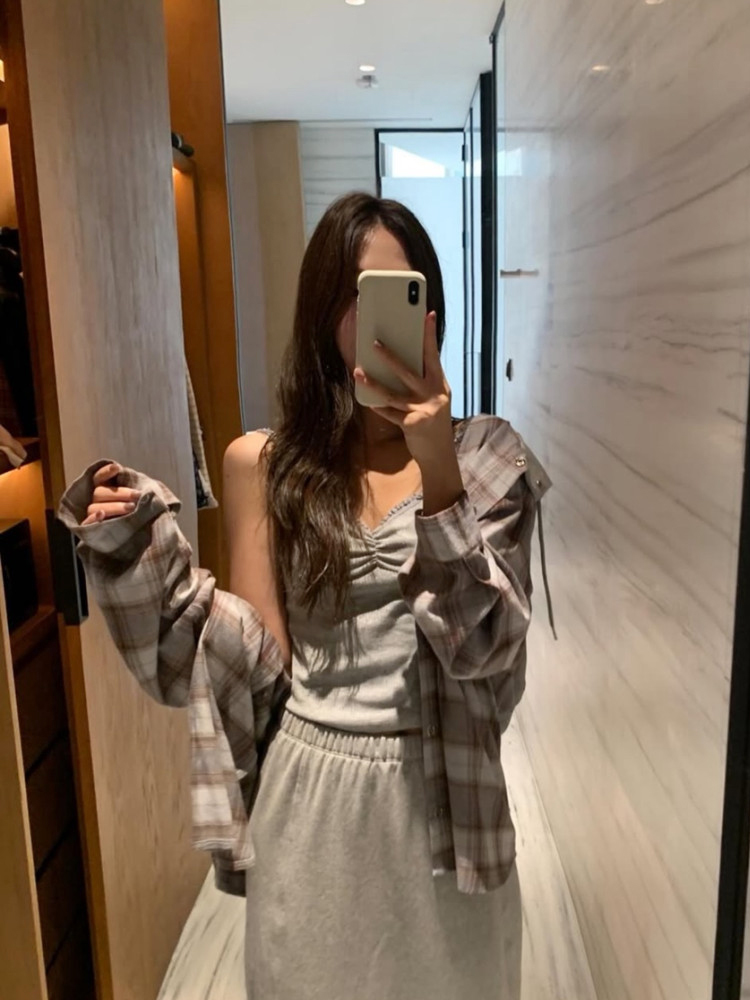 캐주얼 무드 오버핏 후드 여성 체크 셔츠 남방 간절기 긴팔 여자 가을 셔츠 남방 - 상세 이미지 5