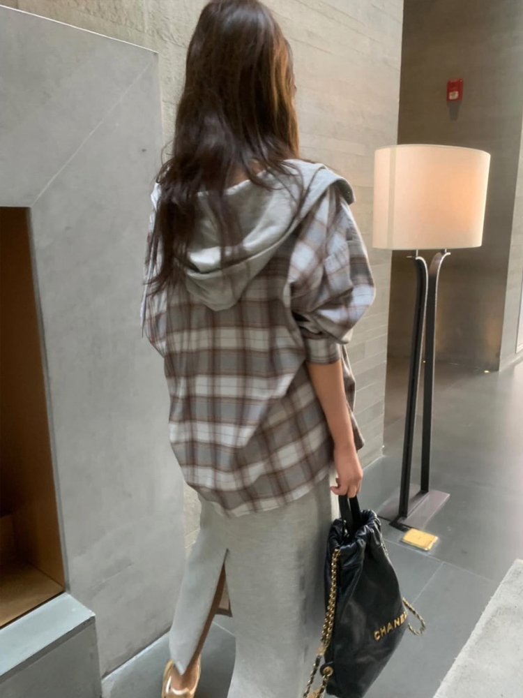 캐주얼 무드 오버핏 후드 여성 체크 셔츠 남방 간절기 긴팔 여자 가을 셔츠 남방 - 상세 이미지 3