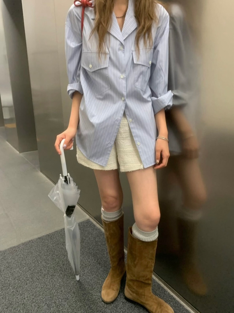 오픈카라 더블 포켓 텐셀 여성 스트라이프 셔츠 남방 가을 여자 셔츠 블루 소라색 하늘색 - 상세 이미지 3