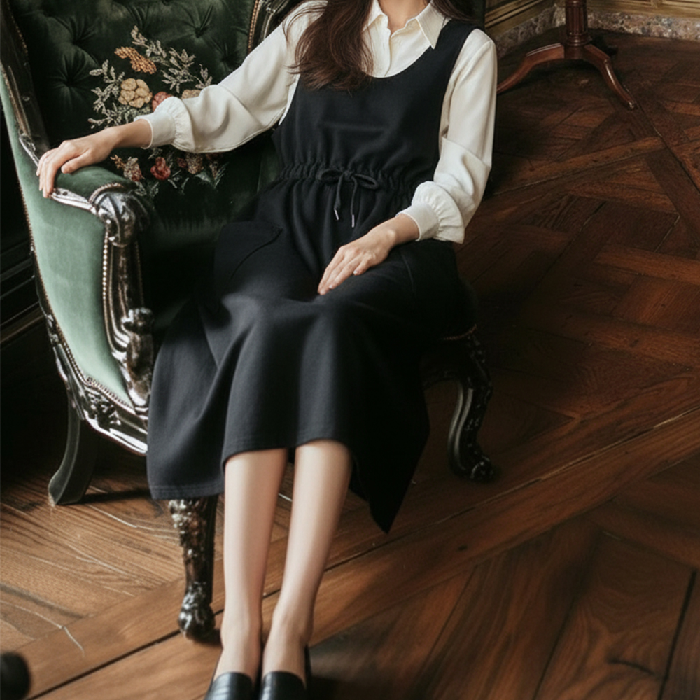 라운드 기모 a라인 스커트 나시 원피스 롱, 블랙, FREE(One size) - 상품 이미지